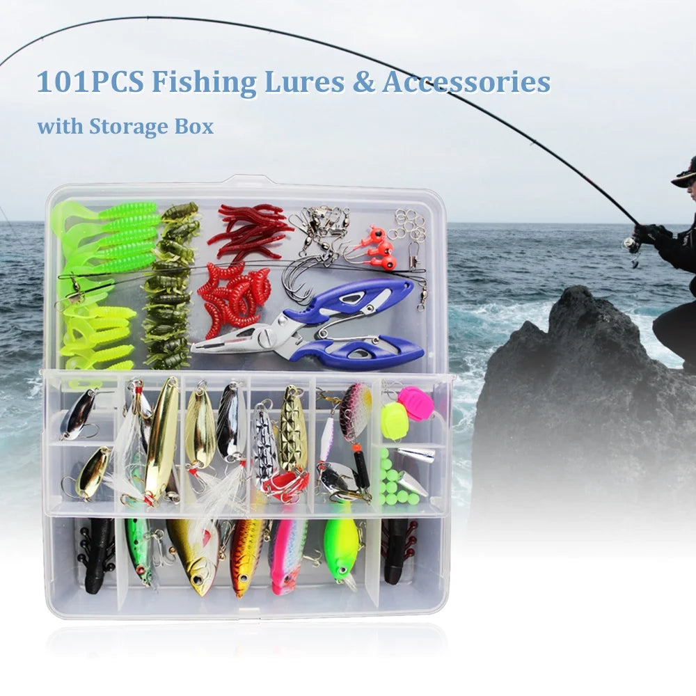 101 Pieces Fishing Lures Tackle Mixed Hard Baits Soft Baits Topwater Floating Fishing Lures Hooks Fishing Accessories Kit
