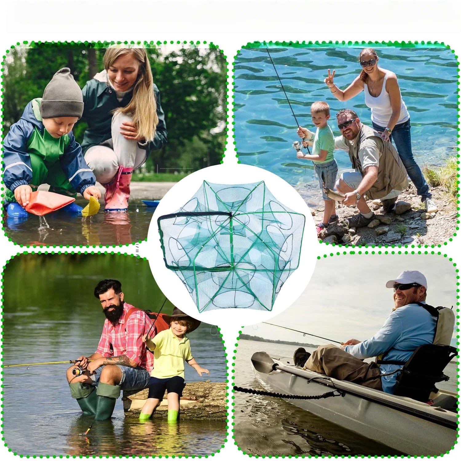 3‑Pack Crawfish Traps, 12-Hole Fishing Trap, Cylindrical Hexagon Crab Trap, Green Foldable Fishing Net, Fishing Accessories for Small Fish Shrimp Crab Crawfish (23.6 X 13.8 In)