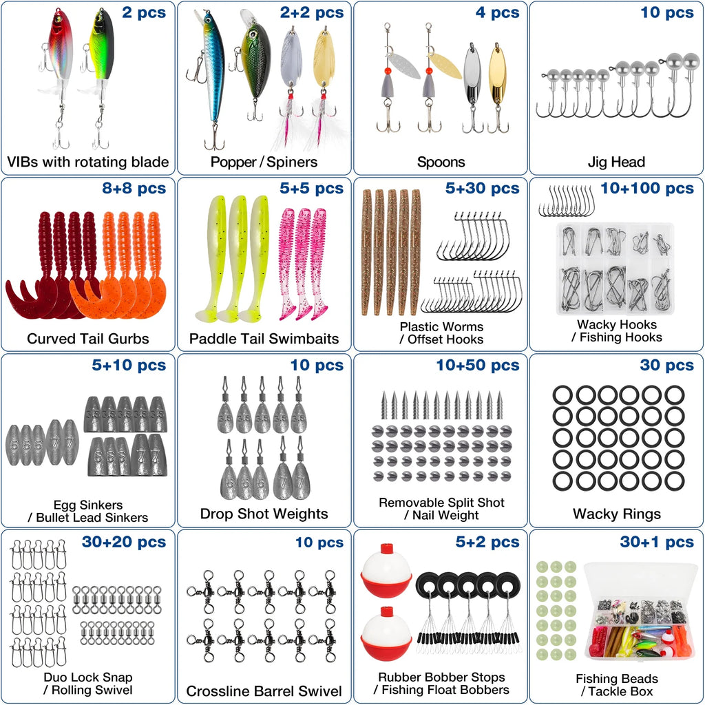 404Pcs Fishing Lures for Bass Trout Salmon,Fishing Tackle Box with Tackle Included for Freshwater and Saltwater,Fishing Gear and Equipment Including Crankbaits, Spinnerbaits, Plastic Worms, Jigs