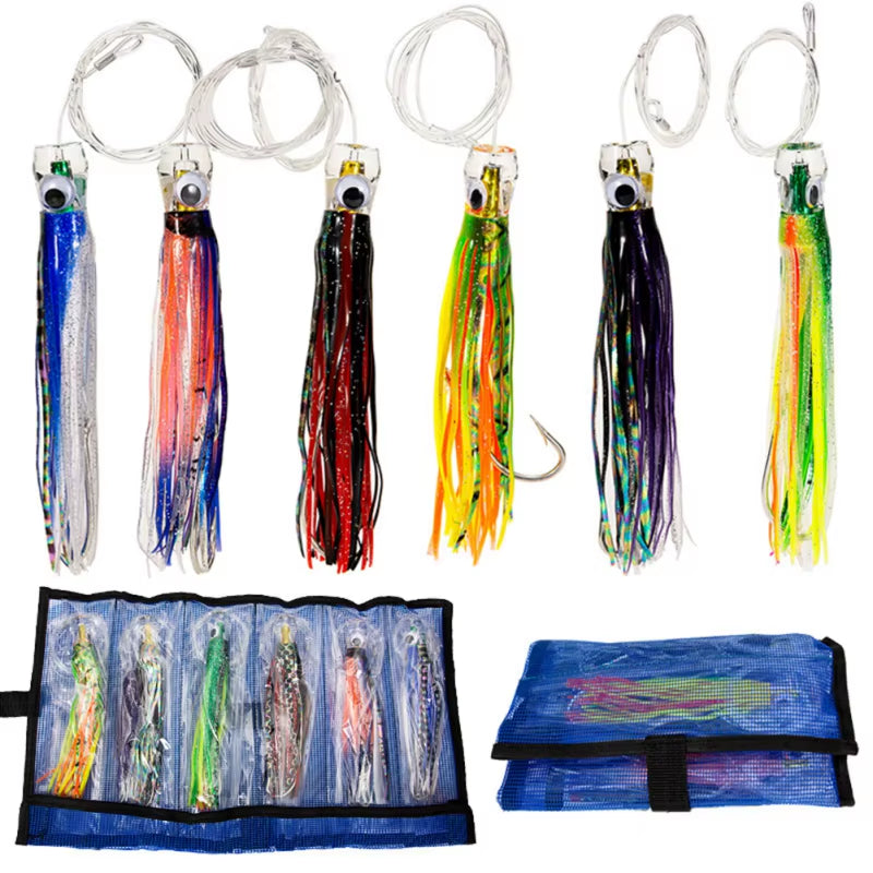 6PCS Fishing Trolling Lures for Marlin Tuna Mahi Octopus Squid Skirt Bait 6.5 Inches Silicone High Carbon Steel Big Fishes Lures