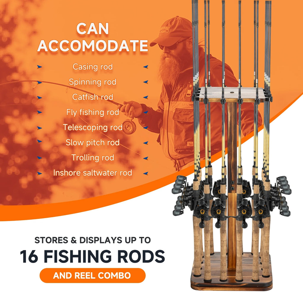 Fishing Rod Holders for Garage 360 Degree Rotating Fishing Pole Rack, Floor Stand Holds up to 16 Rods Wood Fishing Gear Equipment Storage Organizer, Fishing Gifts for Men