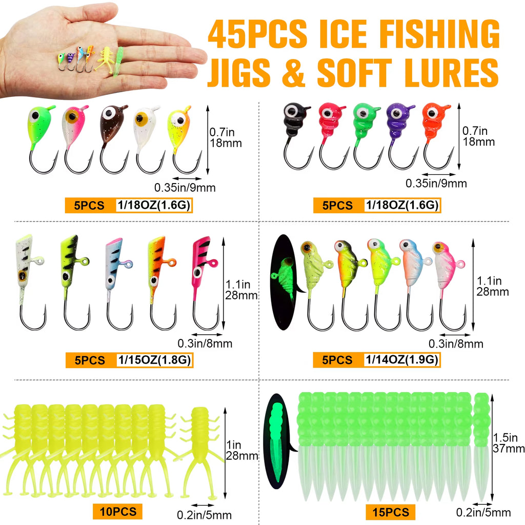 45Pcs Fishing Kit Ice Fishing Jigs Ice Fishing Lures Walleye Fishing Lures Crappie Jigs