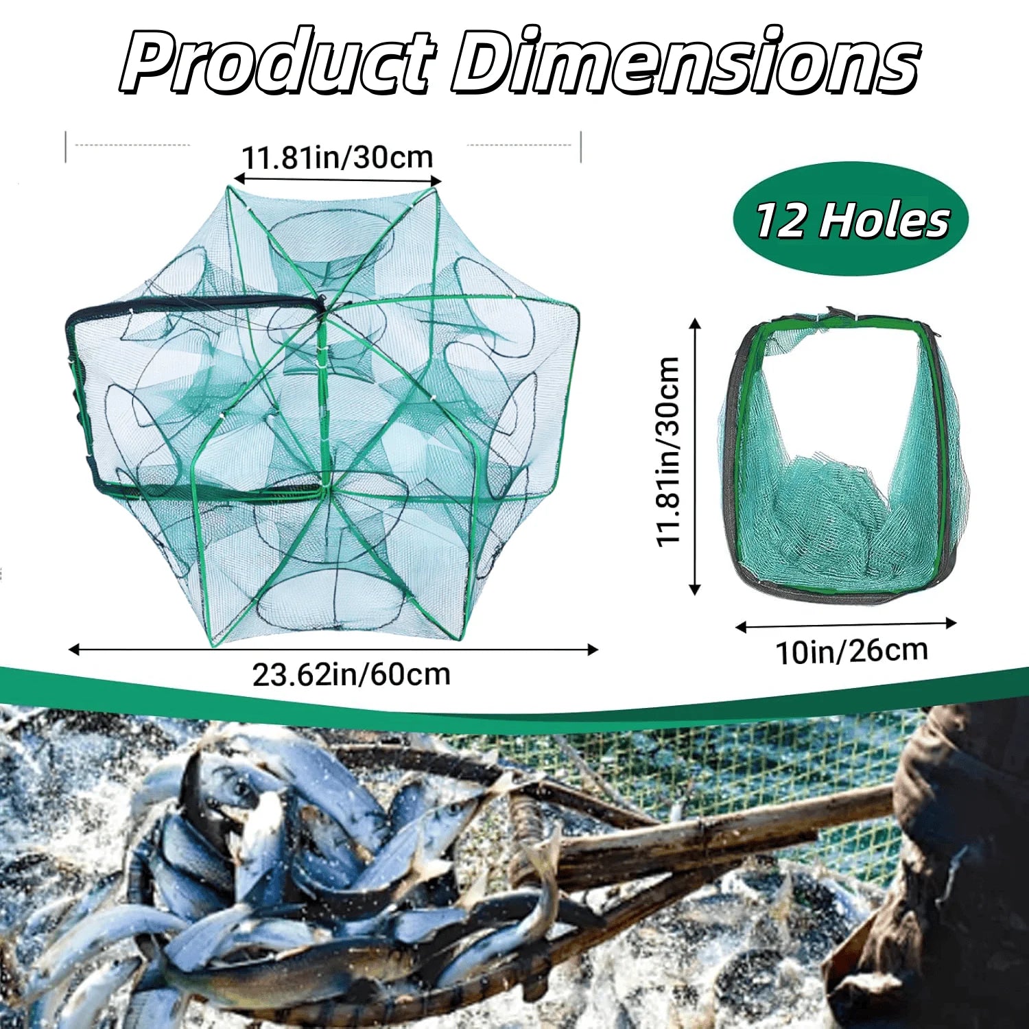 3‑Pack Crawfish Traps, 12-Hole Fishing Trap, Cylindrical Hexagon Crab Trap, Green Foldable Fishing Net, Fishing Accessories for Small Fish Shrimp Crab Crawfish (23.6 X 13.8 In)