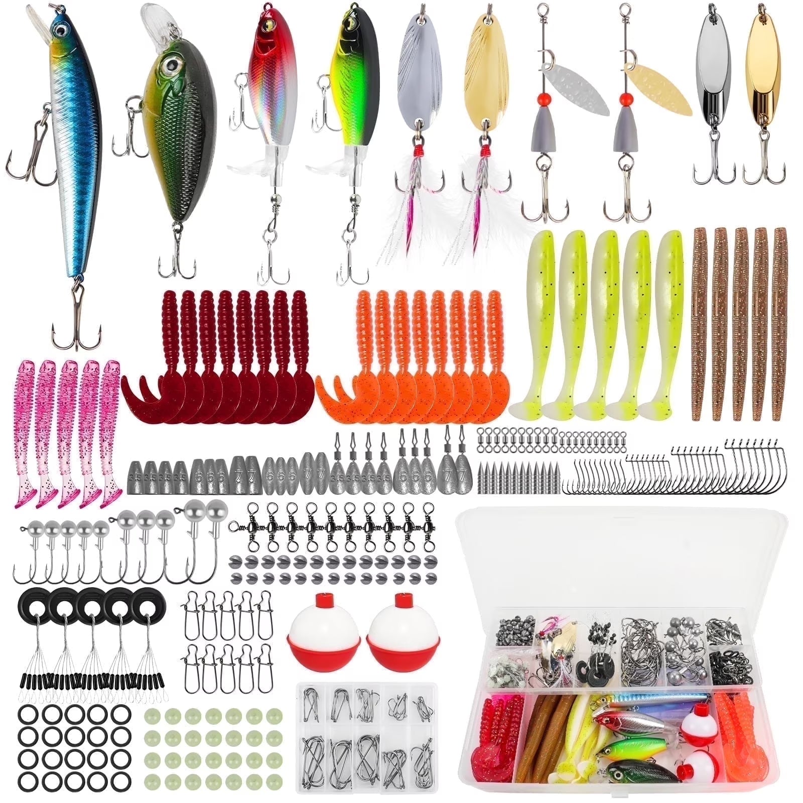404Pcs Fishing Lures for Bass Trout Salmon,Fishing Tackle Box with Tackle Included for Freshwater and Saltwater,Fishing Gear and Equipment Including Crankbaits, Spinnerbaits, Plastic Worms, Jigs