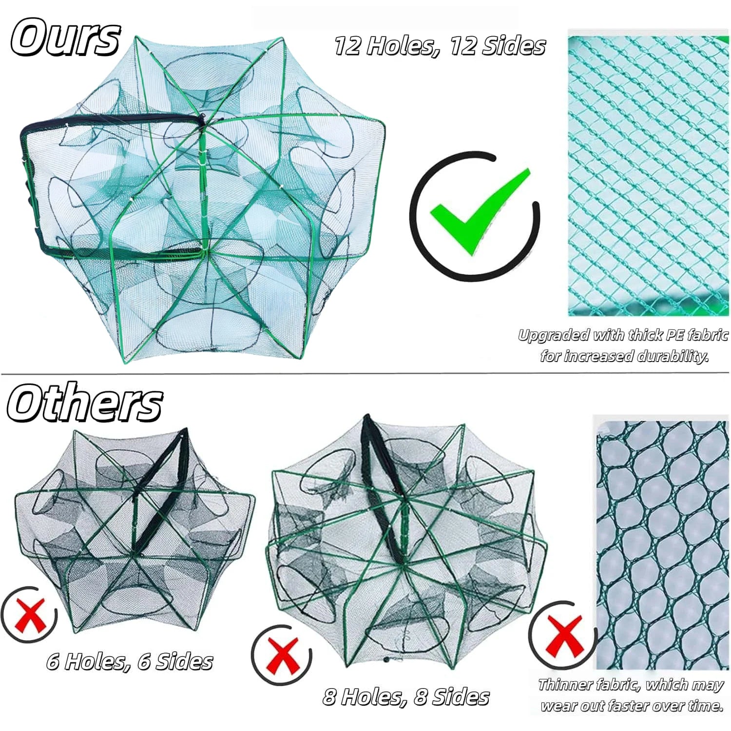 3‑Pack Crawfish Traps, 12-Hole Fishing Trap, Cylindrical Hexagon Crab Trap, Green Foldable Fishing Net, Fishing Accessories for Small Fish Shrimp Crab Crawfish (23.6 X 13.8 In)